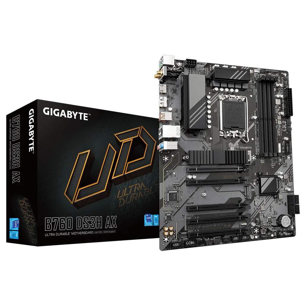 GIGABYTE B760 DS3H AX, rev.1.0, 4xDDR5, 2xM.2, DP, HDMI, Type-C, Wi-Fi 6E, Bluetooth v5.3, 12-13-14.Nesil, LGA1700 Soket, Anakart