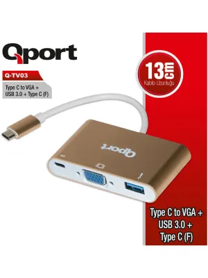QPORT Q-TV03 0.15metre TypeC-Vga Dişi,USB Çevirici Adaptör Gold 1080p