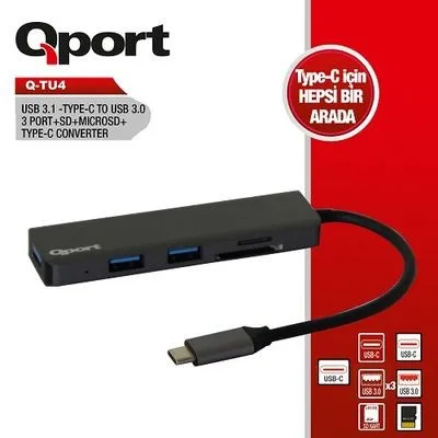 QPORT Q-TU4 Type-C 3×USB 3.0 SD MicroSD Type-C Kart Okuyucu Çoklayıcı Hub Siyah