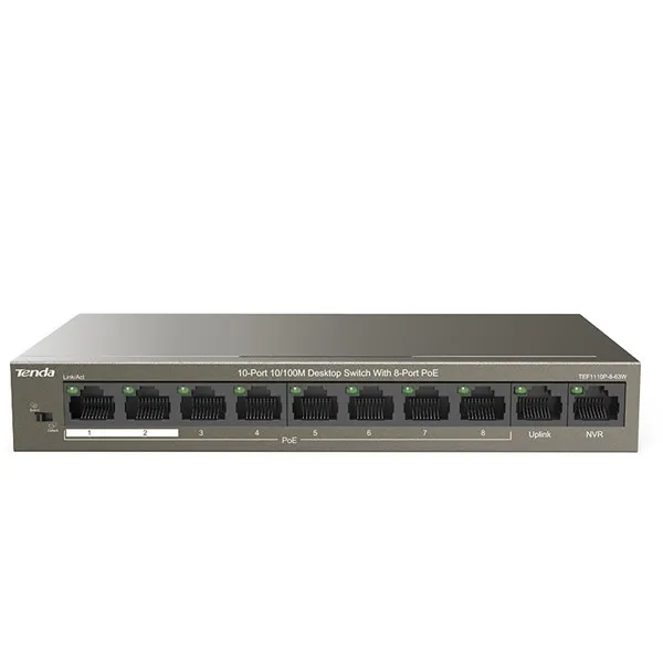 TENDA 8port PoE 63w 10/100 Yönetilemez Switch TEF1110P-8-63W