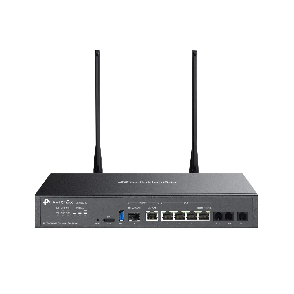 OMADA DR3220v-4G, 4 Port, 4G+Cat6 2,4Ghz, 1 Combo SFP Port, 2 FXS Port, Sim Yuvalı,  Gigabit Rackmount DSL Gateway