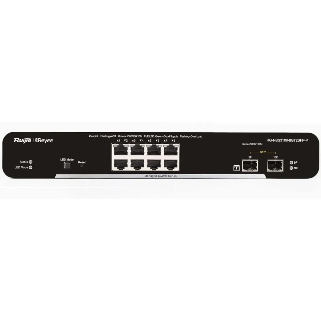 RUIJIE REYEE RG-NBS3100-8GT2SFP-P-V2, 8 Port, GigaBit, 8Port PoE, 125W,  2Port SFP, L2 Yönetilebilir, Metal Kasa, Masaüstü, Switch