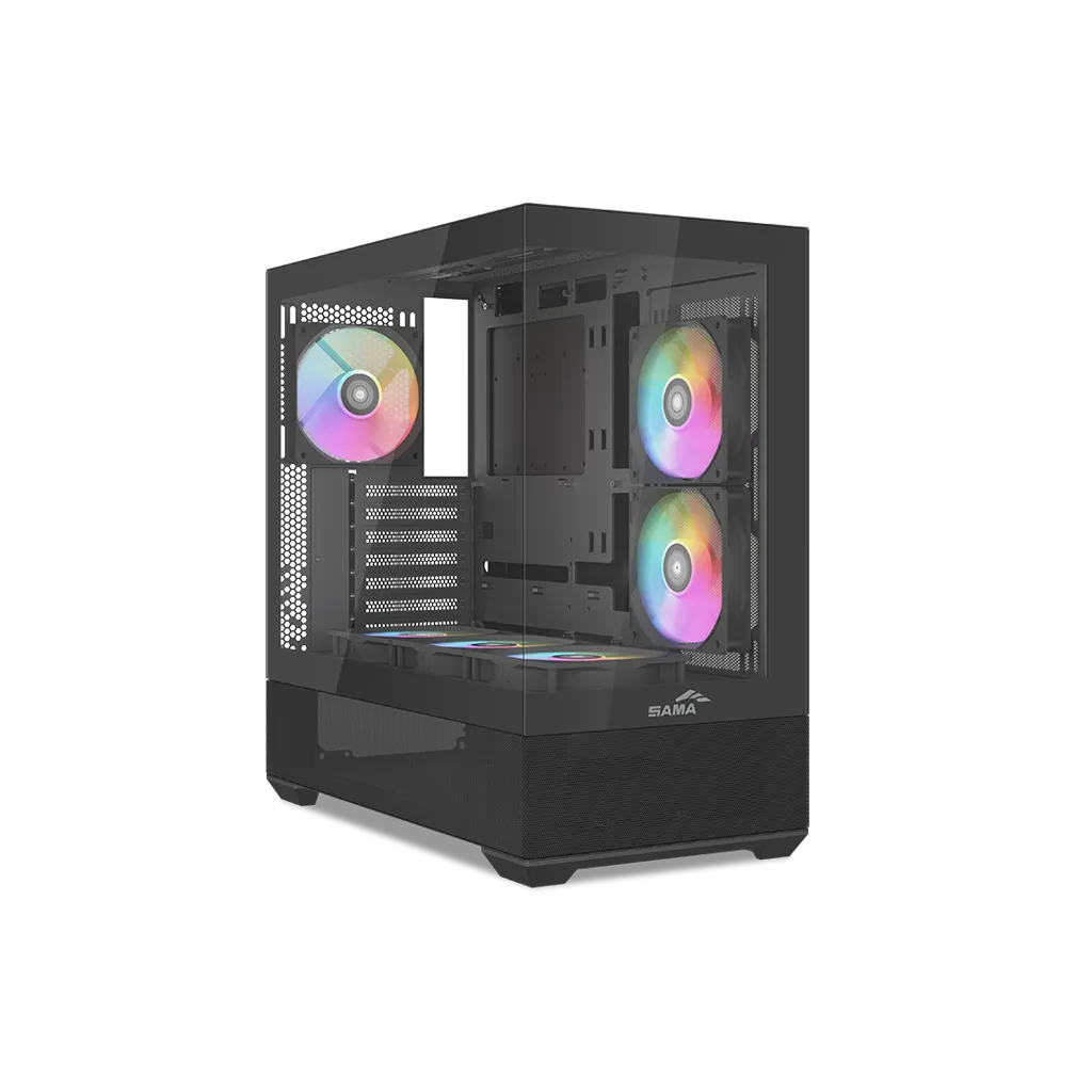 SAMA V40BK Black, B750BK 750W, 80+ Bronze, PCIE 5.1, ATX3.1, Tempered Glass Panel, Panoramic Tasarım, Type-C, 6x120mm ARGB Fan, ATX, GAMING KASA