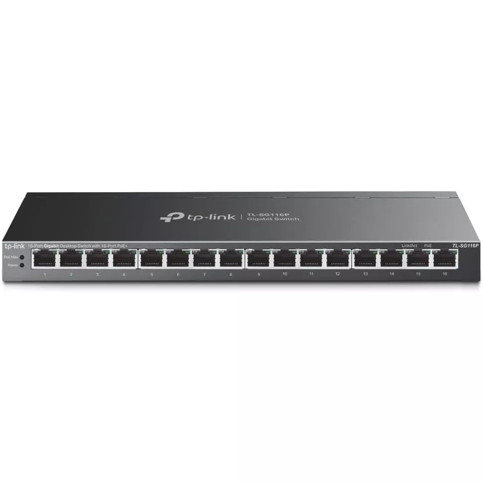 TP-LINK 16port PoE 120W Gigabit Extend Fansız Yönetilemez Switch TL-SG116P