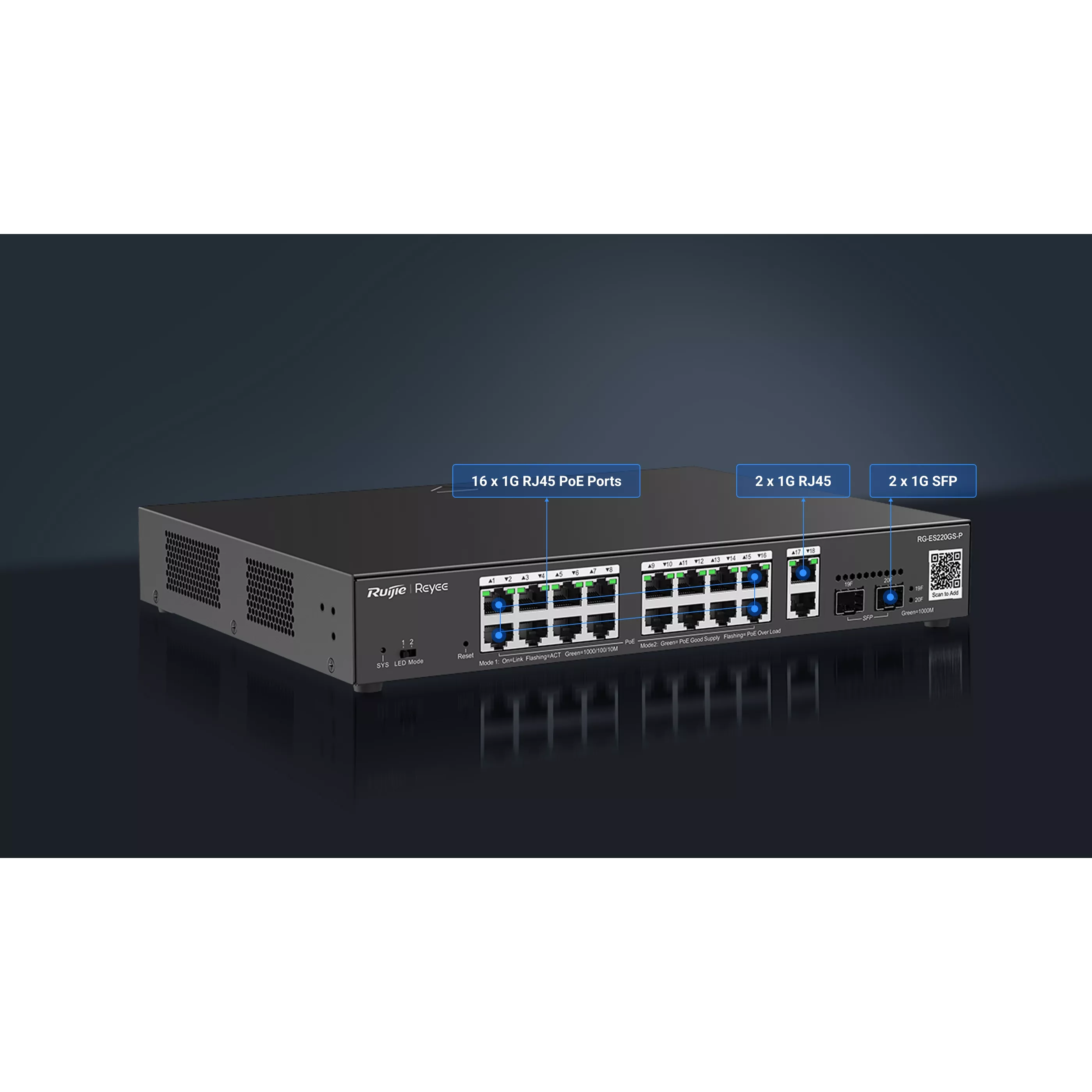 RUIJIE REYEE RG-ES220GS-P 16 PORT 10/100/1000 16 PORT POE 2 PORT UPLINK  2 SFP 250W CLOUD YÖNETİLEBİLİR RACK MOUNT SWITC