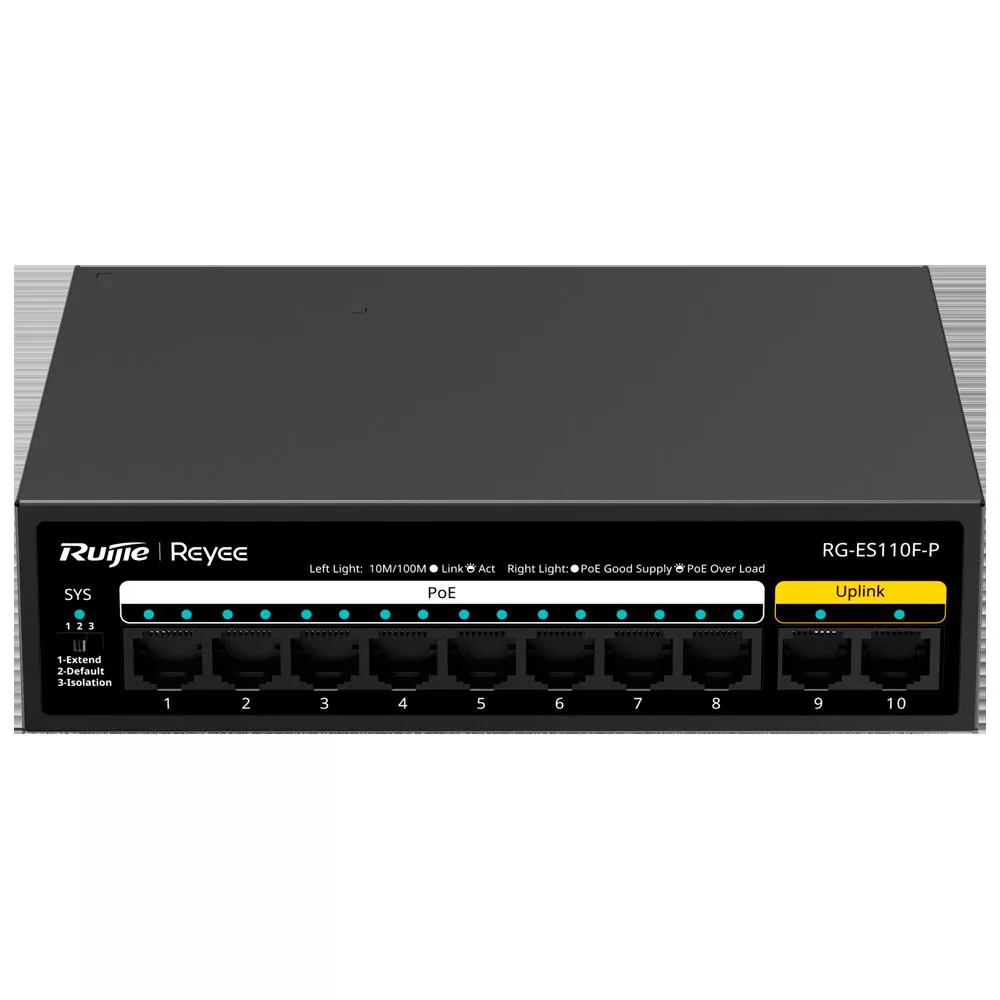 RUIJIE REYEE RG-ES110F-P 8 PORT 10/100 8 PORT POE 2 PORT FAST ETHERNET UPLINK 110W YONETILEMEZ DESKTOP SWITCH