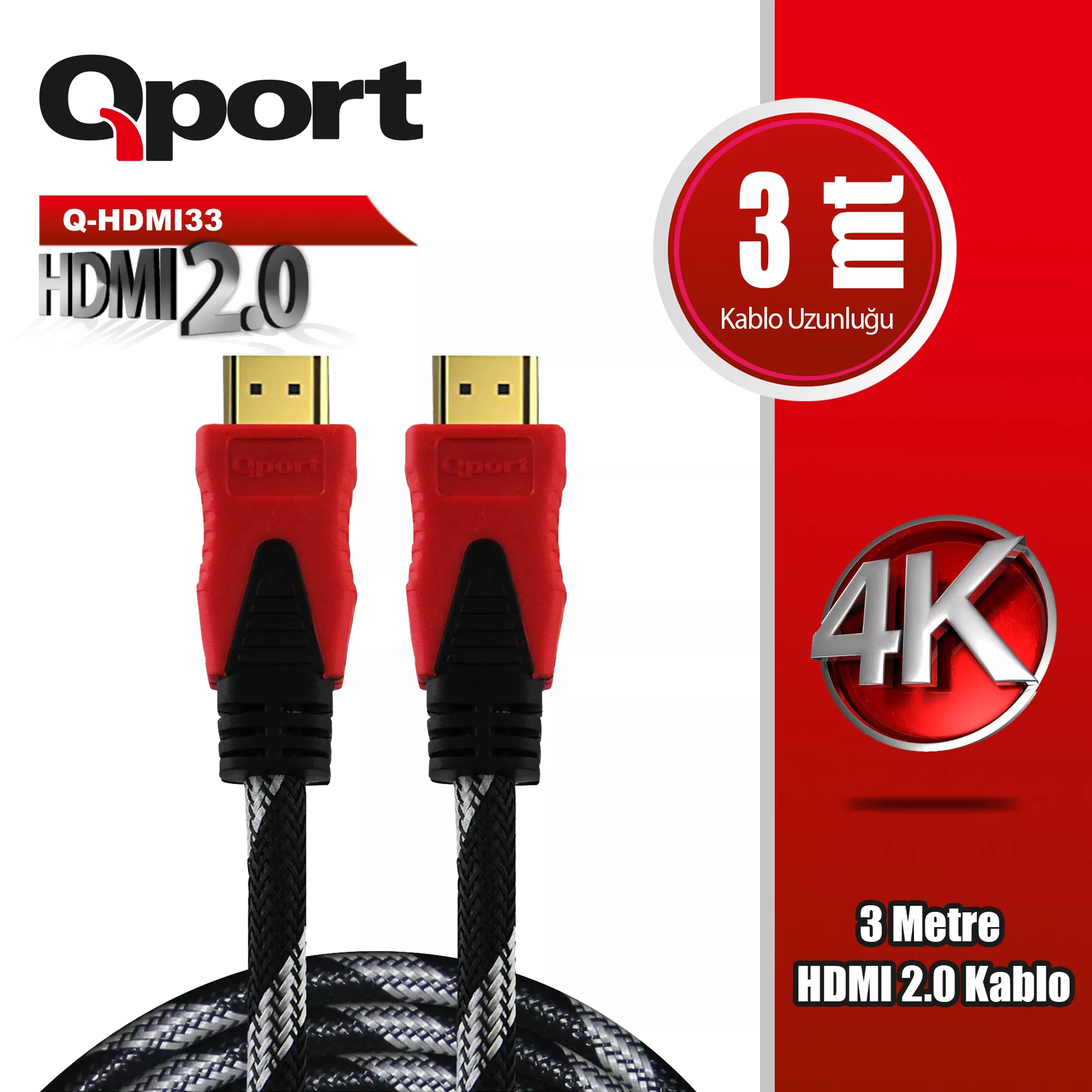 QPORT Q-HDMI33 HDMI KABLO 3MT Ver 2.0 4K ALTIN UÇLU
