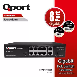 QPORT Q-POE8G 8 PORT 10/100/1000 8 PORT POE 2 PORT UPLINK + 1 SFP 120W YONETILEMEZ DESKTOP SWITCH