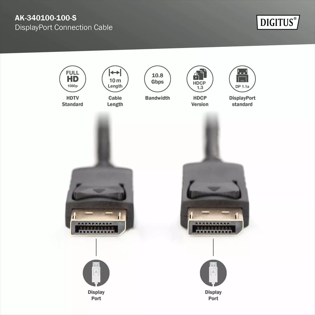 DIGITUS 10metre AK-340100-100-S DP Görüntü Kablosu