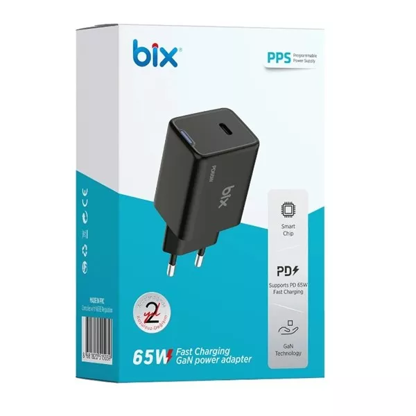 BIX BX1P65G-BK 65W ŞARJ ADAPTÖR (TYPE-C) Siyah PPS ÖZELLİKLİ