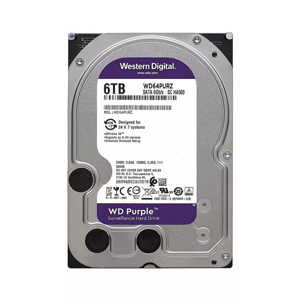 WD PURPLE, WD64PURZ, 3.5", 6TB, 256Mb, 5400 Rpm, 7/24 Güvenlik, HDD (Türkiye Distribütörü Garantili)