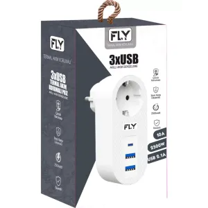 FLY 3400-01, 1 Soket, 2 USB, 1 Type-C, Akım Korumalı Priz, 2.1A, (Beyaz)
