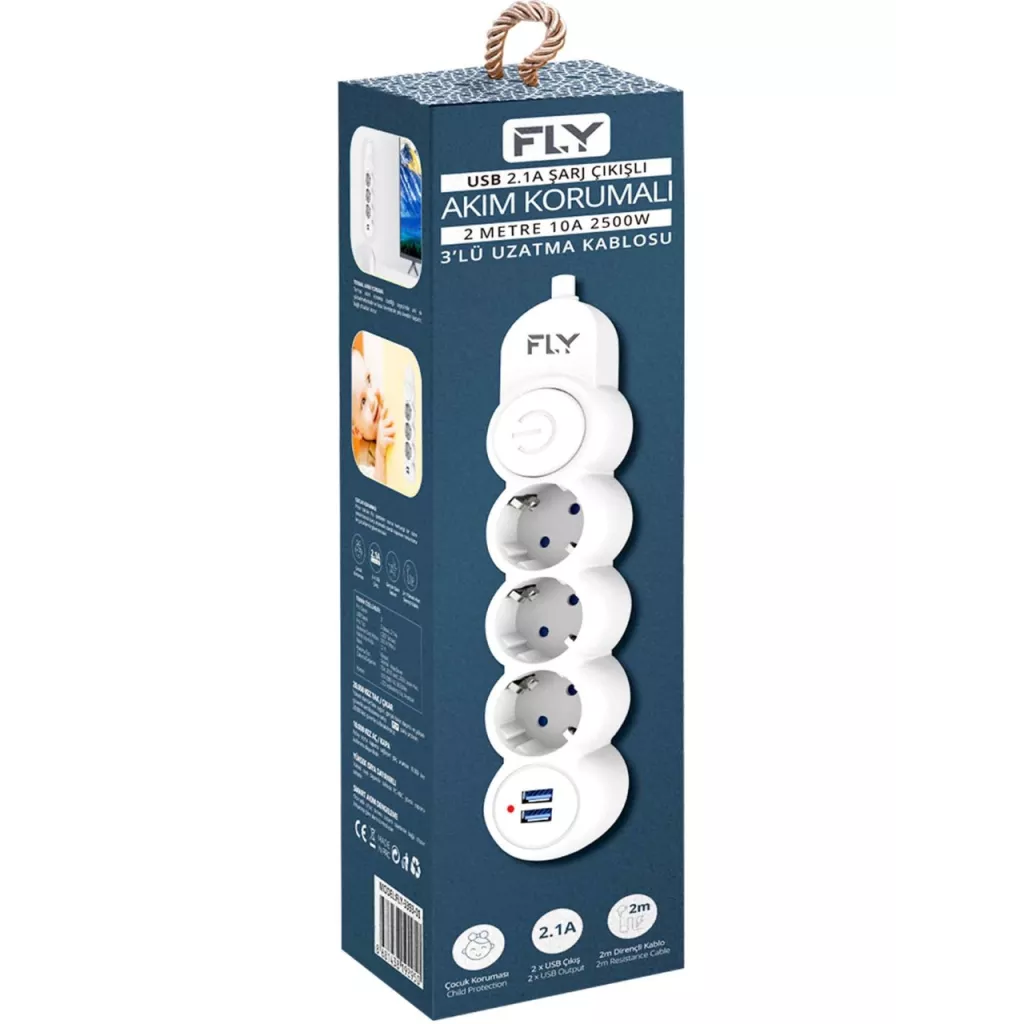 FLY 3393-01, 3 Soket, 2 USB, Akım Korumalı Priz, 2.1A, Anahtarlı, 2Mt Kablo, (Beyaz)