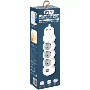 FLY 3393-01, 3 Soket, 2 USB, Akım Korumalı Priz, 2.1A, Anahtarlı, 2Mt Kablo, (Beyaz)
