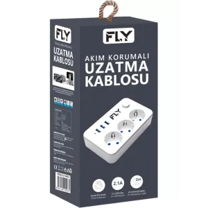 FLY 3406-01, 3 Soket, 3 USB, Akım Korumalı Priz, 2.1A, Anahtarlı, 2Mt Kablo, (Beyaz)