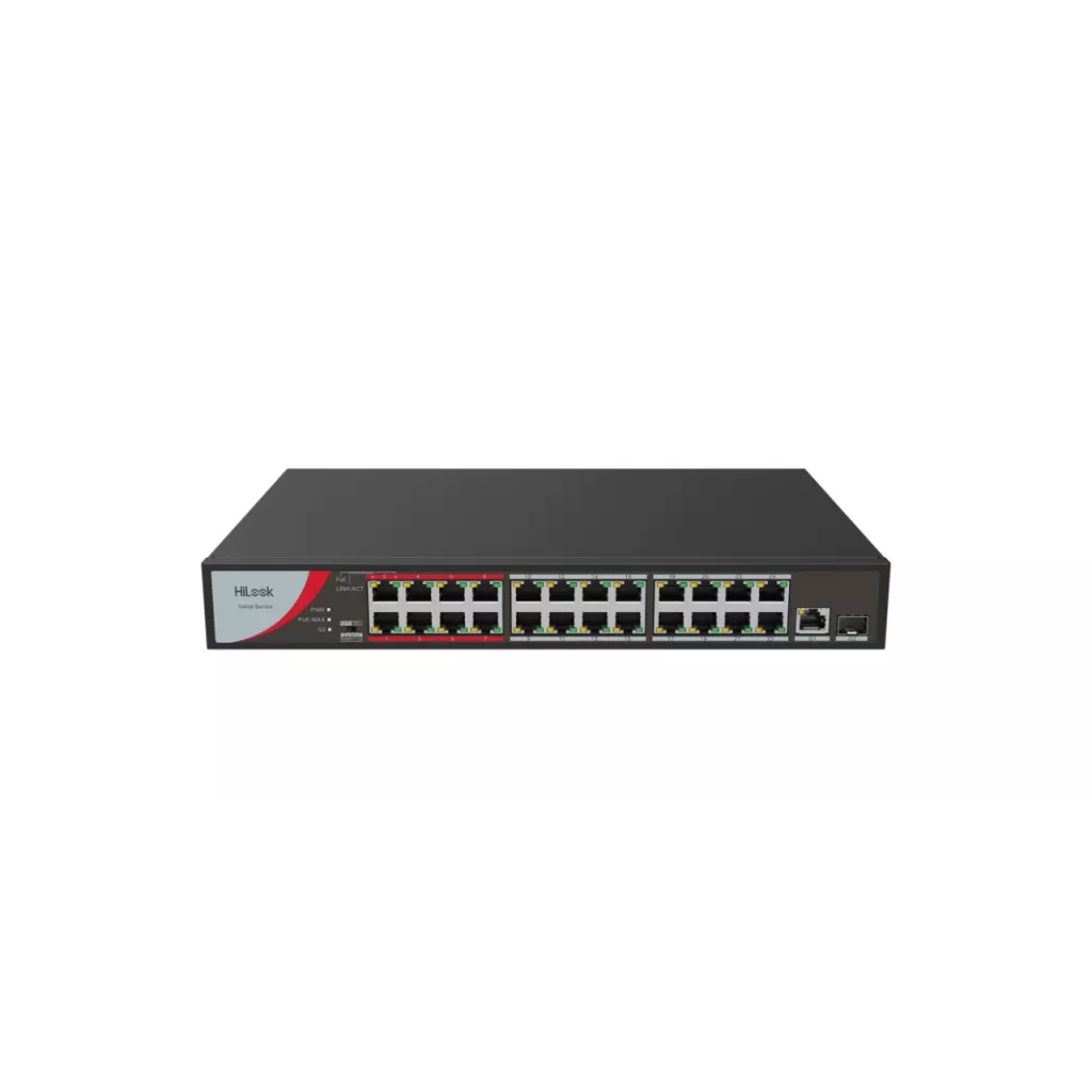 HILOOK NS-0326P-230(B), 24Port, Megabit, PoE 230W, 1 Port GigaBit Lan, 1 Port GigaBit SFP, Long Range 250Metre, Yönetilemez, Masaüstü Switch