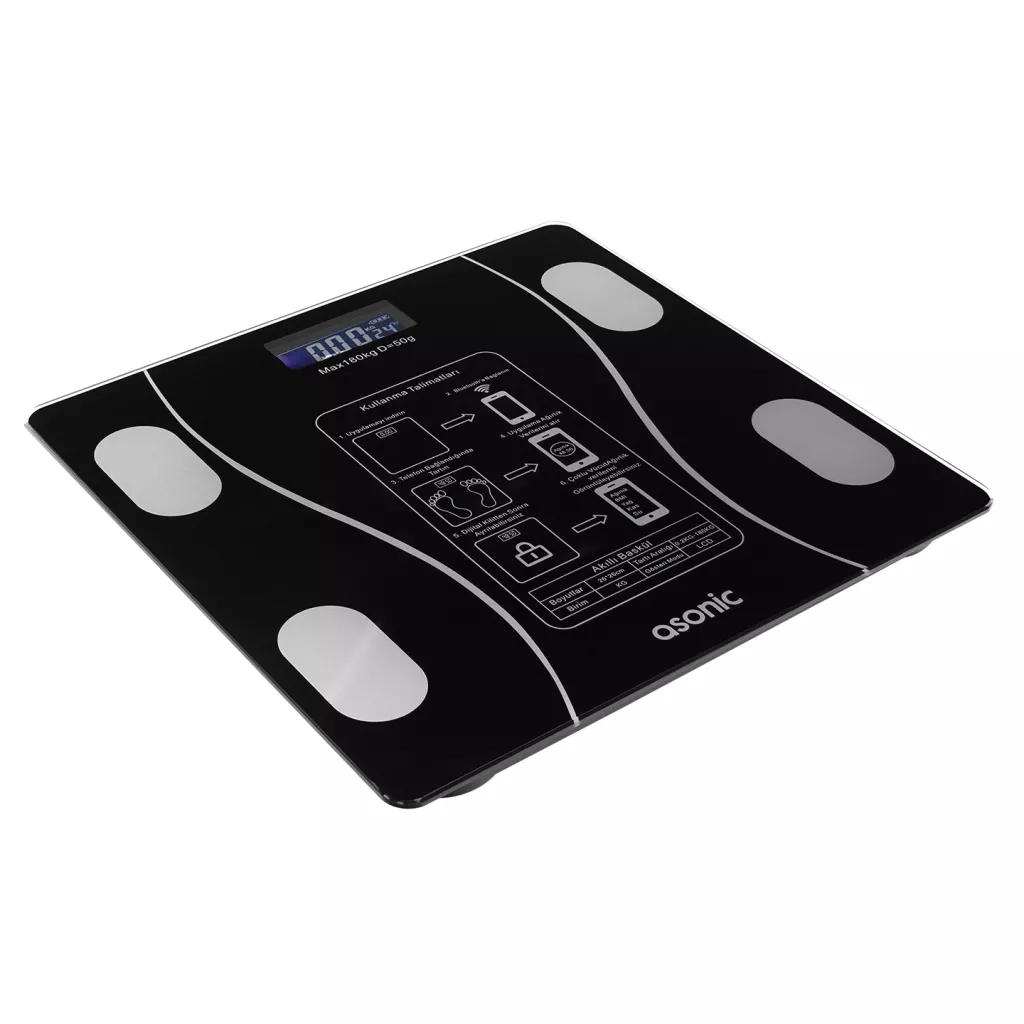 ASONIC BS260, Siyah, Bluetooth Destekli, Baskül. LCD Gösterge, 260x260mm, 180Kg a kadar ölçme.